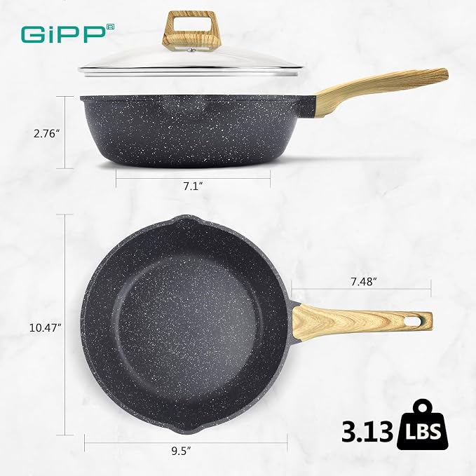 GiPP Nonstick Deep Frying Pan Skillet, 9.5" Saute Pan with Lid, Granite Induction Cookware Non Stick Cooking Pan, PFOA PFOS APEO Free