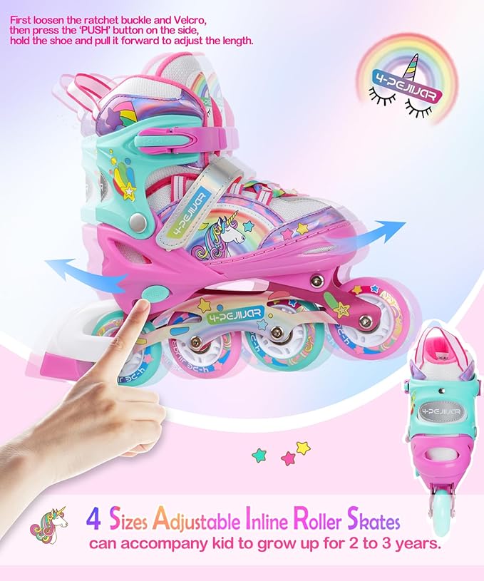 Unicorn Rainbow Inline Skates for Girls Teens Womans,4-Pejiijar Roller Skates for Girls Ages 6-8-12 w/Luminous Wheels,Kids Adjustable Roller Shoes for Birthday Xmas Gifts