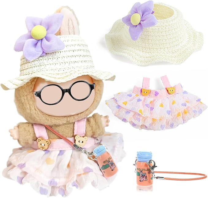 One Set Kawaii Doll Clothes for 17cm Plush Dolls - Pink Floral Collection Dress + Hat + Bag + Hair Clip Fits 6.7 Inch Mini Dolls (No Doll No Glasses)