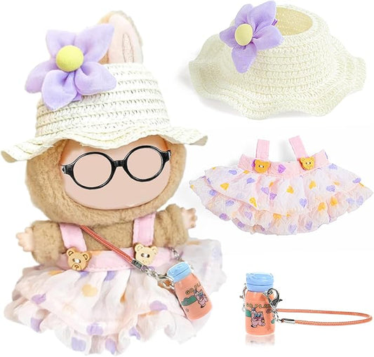 One Set Kawaii Doll Clothes for 17cm Plush Dolls - Pink Floral Collection Dress + Hat + Bag + Hair Clip Fits 6.7 Inch Mini Dolls (No Doll No Glasses)