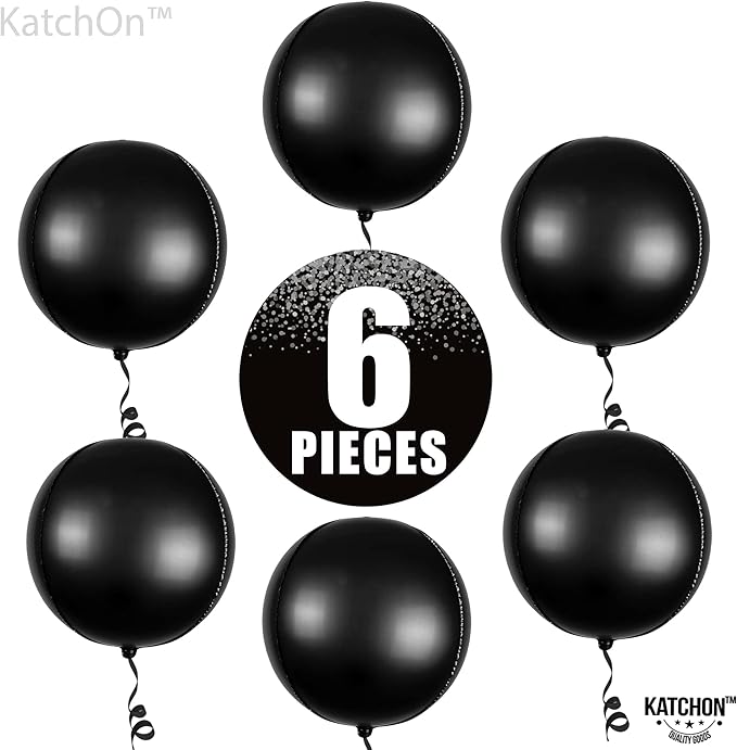 KatchOn, Big Matte Black Foil Balloons - 22 Inch, Pack of 6 | 4D Metallic Balloon for Black Birthday Decorations | Black Metallic Balloon, Happy New Year Balloons for New Years Decorations | NYE Decor