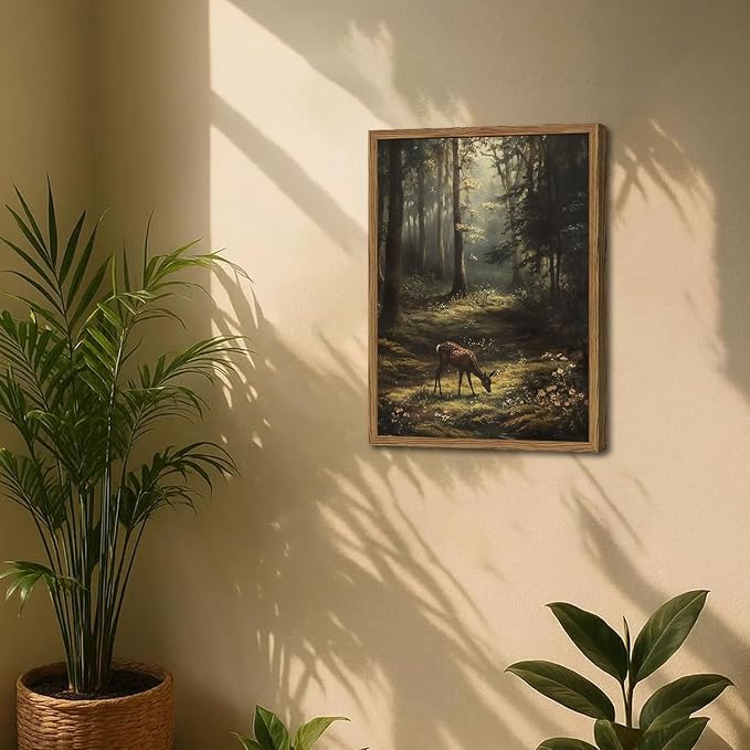 Framed Vintage Forest Deer Canvas Wall Art, Rustic Nature Landscape Paintings Wall Decor, Woodland Animal Pictures Prints Cottagecore Home Decor for Living Room Bedroom Office 8x10inch