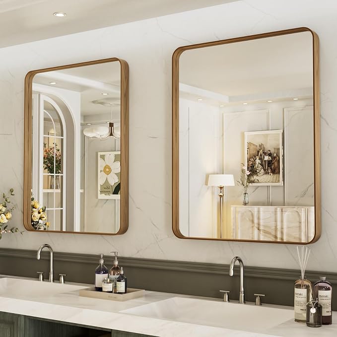 LOAAO 24X36 Inch Bathroom Mirror with Wood Grain Colored Metal Frame | Rounded Rectangle Metal Framed, Anti-Rust, Hangs Horizontally or Vertically