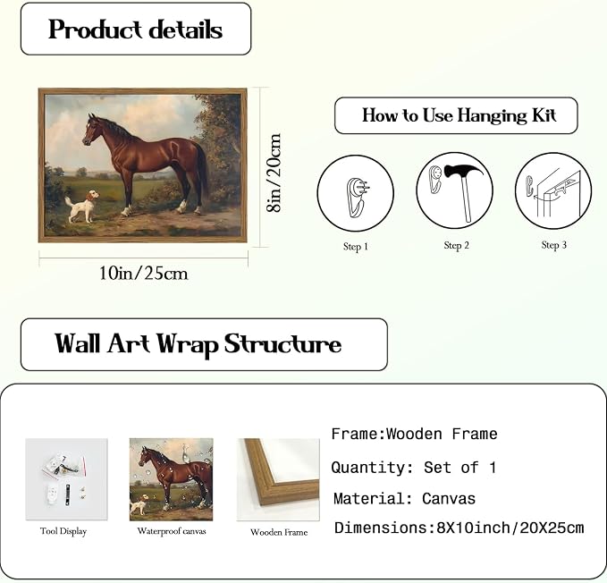 Framed Vintage Wall Art, Rustic Horse and Dog Pictures Wall Decor, Farmhouse Animal landscape Paintings Canvas Prints Neutral Aesthetic Home Decor for Living Room Bedroom Bathroom Office 8x10 inch