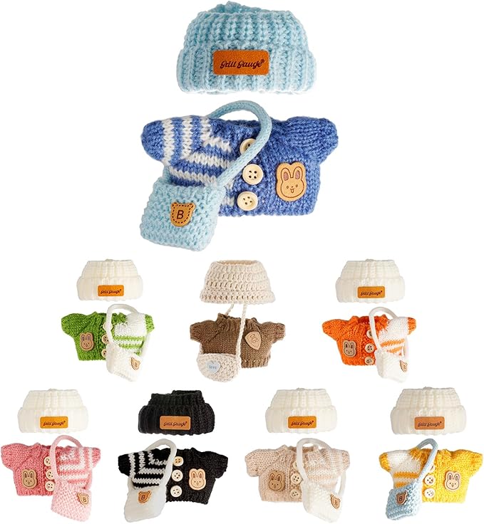 Clothes for 17cm Dolls, Clothes Set for 17cm Doll, Crochet 3 Piece Set Hat Clothes Backpack for Doll, Stylish Adorable Dolls Clothes Accessories (No Doll) (Blue)