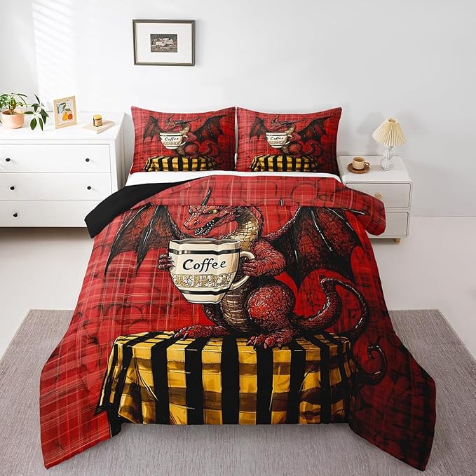 Feelyou Dragon Comforter Set Twin Size Dragon Stuff Comforter for Boys Girls Teens Wild Life Bedding Set Coffee Duvet Set Room Decor Red Quilt Set