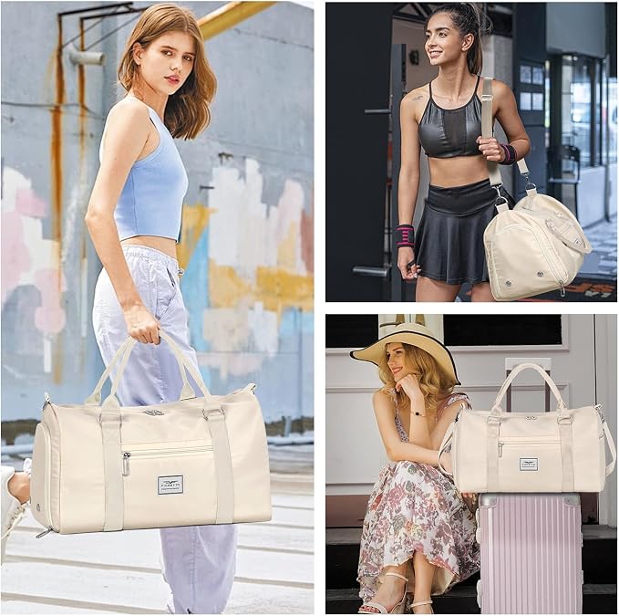 FIORETTO Womens Gym Tote Duffle Bag with Toiletry Bag, Sports Duffel Overnight Hospital Workout Carry on Bag for Girls with Wet Pocket & Shoe Compartment, Ideal for Travel, Swimming, Dance Beige