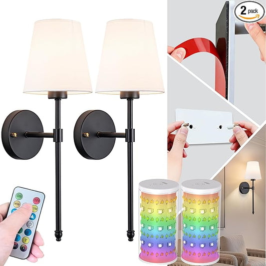 Peel and Stick Wall Sconces, Stick On Wall Sconce Set of 2, Battery Operated Wireless Adhesive Wall Lights, Corn Bulb with 10000mAh Battery, Easy Install for Bedroom Living Room Wall Decor