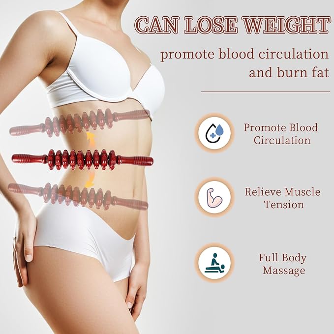 Liitrton Manual Wooden Fascia Massage Roller Trigger Points for Release Cellulite Sore Muscle Blasting (Red straight-9-Wheel)