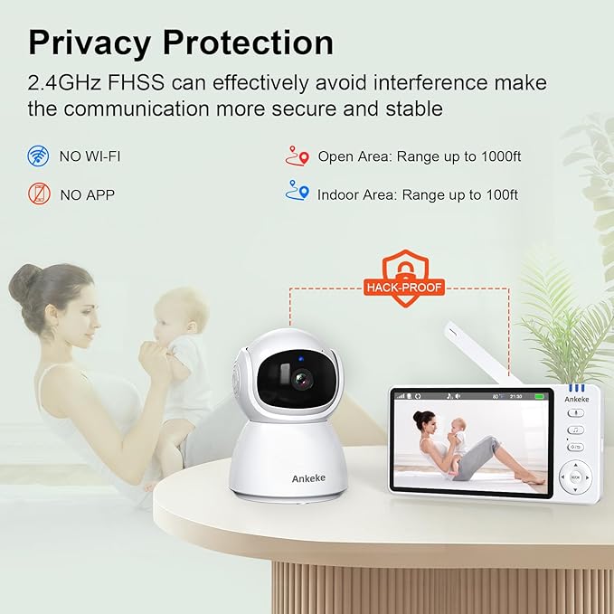 Baby Monitor with Camera and Audio, No WiFi Baby Monitor with 5" IPS LCD Screen, 100-Hour Battery, 1000ft Long Range, 2-Way Talk, Cry and Feeding Reminder, Night Vision and 355°PTZ