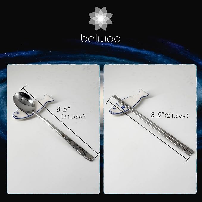 [5 Sets][Made in Korea] Sticky Korean Style Rice Spoon Chopsticks Set 430 Stainless Steel Soup Spoon Ramen Noodle Chopsticks Flatware (The Milky Way)