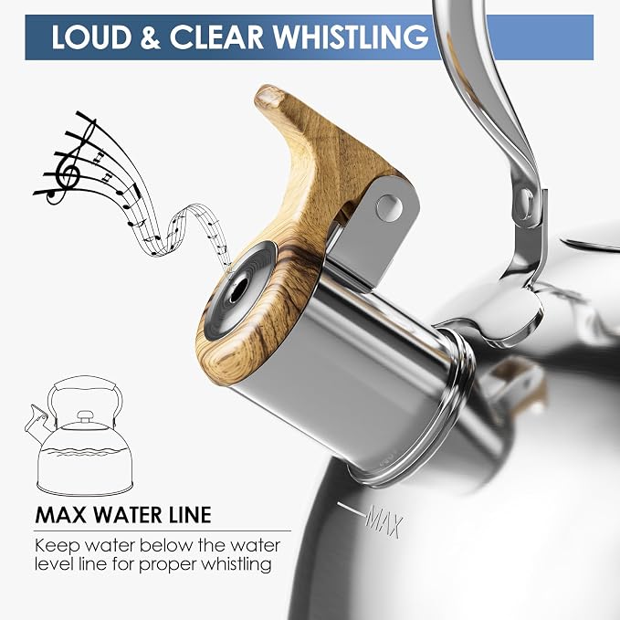 2.6 Quart Whistling Tea Kettle for Stovetop, Silver | Food Grade Stainless Steel with Cool Wood Pattern Handle, Induction Compatible