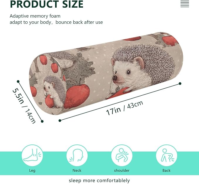 Hedgehogs Apple Trees Brown Neck Roll Pillow Bolster Round Health Memory Foam Long Cervical Cylinder Pillows with Removable Washable Cover for Body Bed Legs Back Yoga