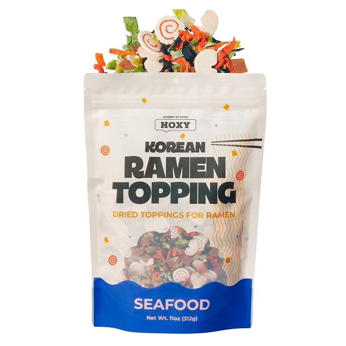 HOXY™ Korean Ramen Topping (Seafood Mix) 11oz Dried Topper for Noodles w/Narutomaki, Imitation Shrimp, Squid Flakes, Seaweed, Vegetables