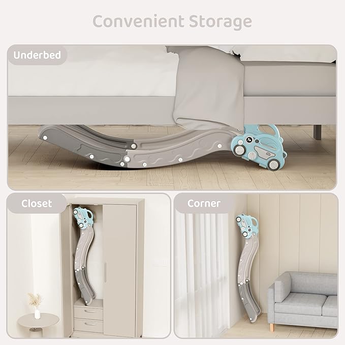 Indoor Kids Baby Couch Slide for Toddler 1-3, Sofa Slide Add-on Attachment for Bed Nugget Playgrounds, with Secure Base Guardrail, Gentle Slope Extended Buffer Zone, Fun Car Design, Blue
