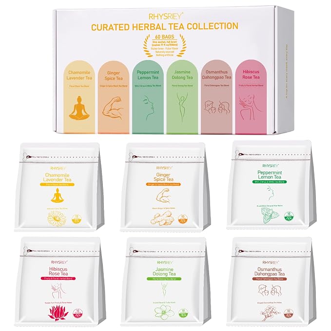 RHYSRIEY Herbal Tea Variety Pack, 60 Tea Bags, 6 Flavor Gift Set | Real tea leaves, flowers, fruits and botanicals with no artificial flavors, colors or preservatives