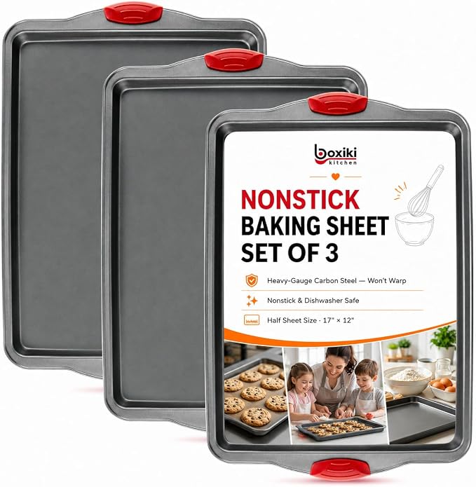 Premium Nonstick Baking Sheet Pans – Set of 3, Heavy-Gauge Carbon Steel, Warp, Dent, and Rust-Resistant – Gourmet Rimmed Half Cookie Sheet Trays, Non-Toxic for Exceptional Baking Performance