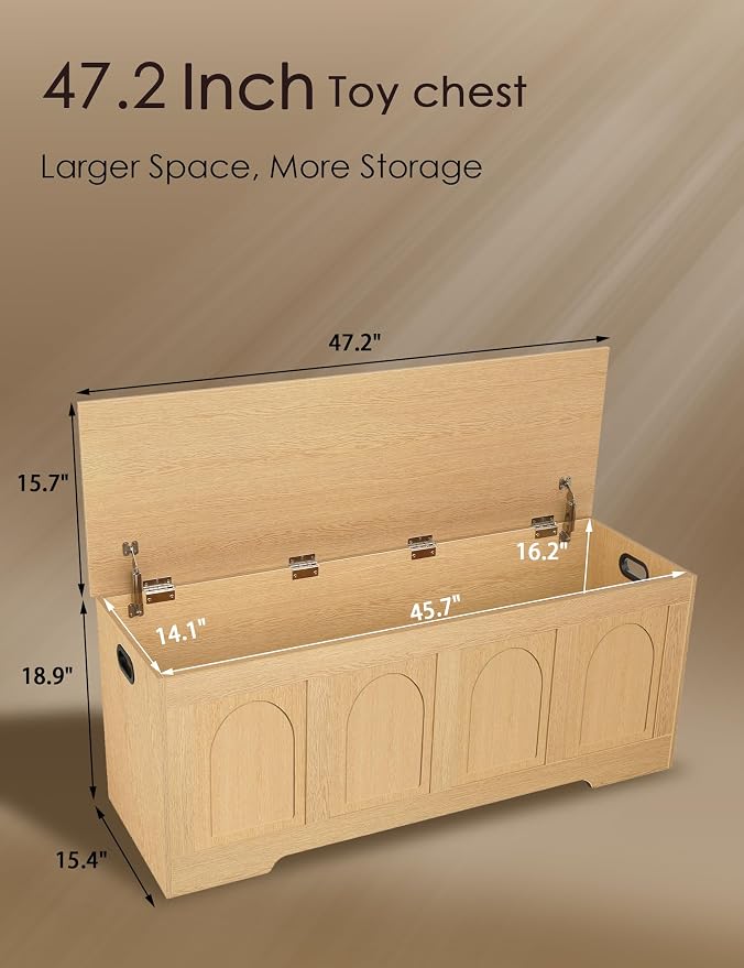 Storage Chest, Wooden Toy Box with Lid, Natural 47.2" L | Entryway Shoe Bench, 2 Soft-close Hinges, Finger-safe Flip-Top Lid, Easy Assembly, Farmhouse Large Trunk, Living Room/Bedroom