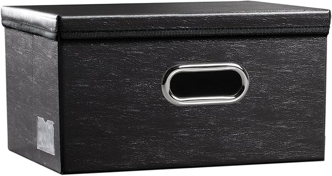 Collapsible Storage Box with Lid [1-Pack] Leather Fabric Foldable Storage Bin Organizer Container Basket Cube with Cover for Home Bedroom Closet Office Nursery Black (13.6x9.6x6.9)