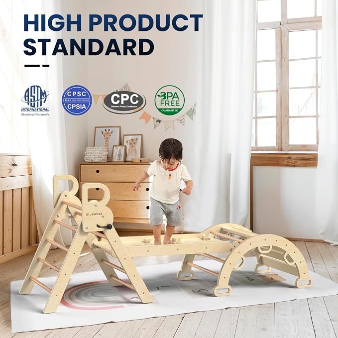 BlueWood Pikler Triangle Set with Safe Handle, Foldable 7-in-1 Montessori Toddler Climbing Toys Indoor, Wooden Pickler Climbing Set, Baby Jungle Gym & Playground, Climbing Toys for 1-3 Year, Natural