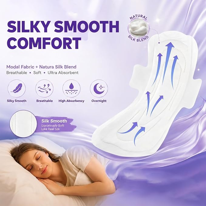 Modal Sanitary Pads for Women, Natural Silk and Modal Cover-Heavy Absorbency, Ultra Thin Breathable Pads with Wings, Unscented Sanitary Napkins(Overnight,14.1 Inch, 5 Count,Packaging May Vary)