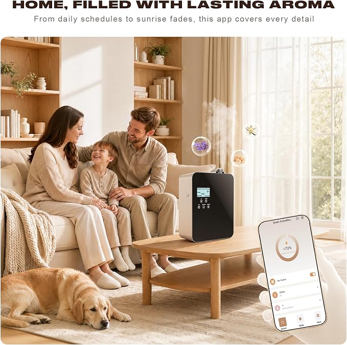 Smart Scent Diffuser HVAC Systems - 3500 Sq.Ft Whole-Home Coverage for Hotel & Home Aroma, 300mL Waterless Cold Air Oil Diffuser with App & Touchscreen Control (Black)