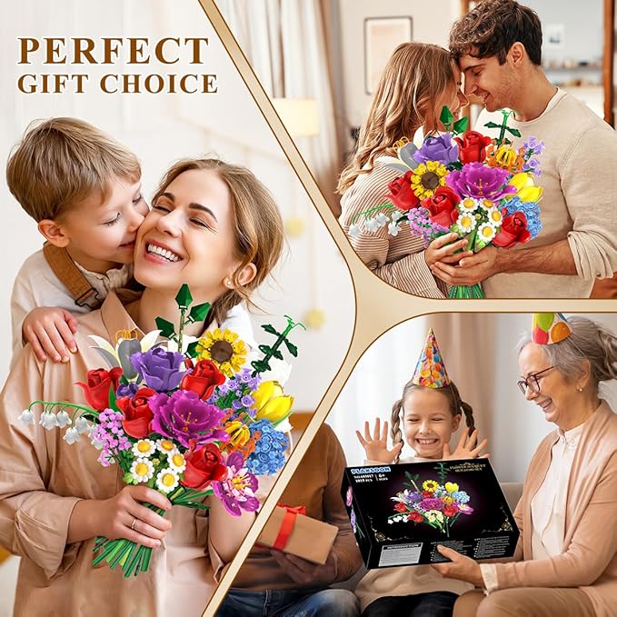 Flower Bouquet Building Set, 18 Flowers Rose Building Block, 1065 PCS Botanical Collection Building Block Toy Plant Home Decor, Gift for Her Adults Women Kids Boys Girls 12+