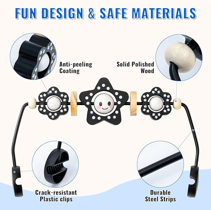 KENKYO Wooden Baby Bouncer Toy Bar Compatible with Baby Bjorn, Rotatable Bouncer Toy Attachment, Funny Sensory Toy for Newborn to Toddler, Easy to Attach and Remove (Black)
