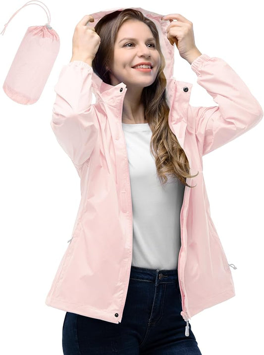 33,000ft Women's Rain Jacket Waterproof Lightweight Packable Raincoat with Hood for Golf Hiking Travel Windbreaker