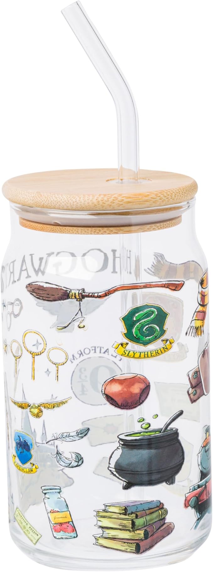 Silver Buffalo Harry Potter Hogwarts Platform 9 3/4 Gryffindor Hedwig Glass Jar Tumbler with Bamboo Lid and Glass Straw, 16 Ounces
