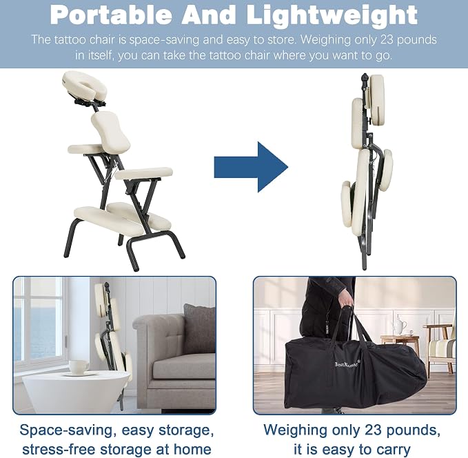 Portable Massage Chair for Tattoo and Spa Foldable Massage Therapy Chair with Adjustable Face Cradle High-Density Cushion Lightweight Design with Carrying Bag Ideal for Salon Use (Cream)