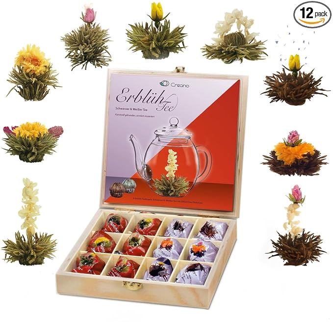 Creano Flowering Tea Abloom Tea - Blooming Tea Gift Set in Stylish Wooden Tea Box - 12 Pieces, Mix of White & Black Tea a gift for christmas