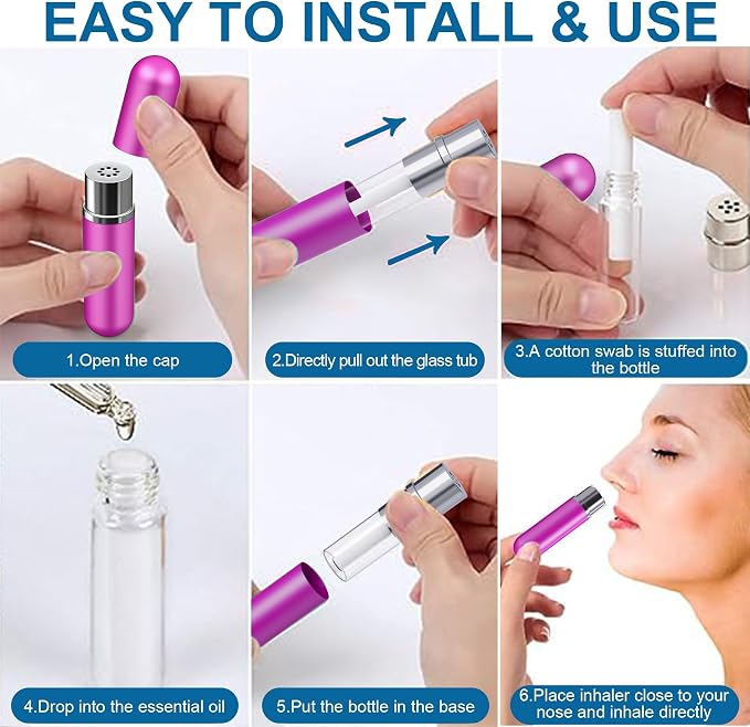 6 Pack Refillable Blank Aluminum Nasal Stick for Essential Oil, Portable & Reusable Nasal Inhaler w/ 24 Cotton Wicks, Personalized Aromatherapy inhaler for Clarity and Focus, Perfect for Travel & Work