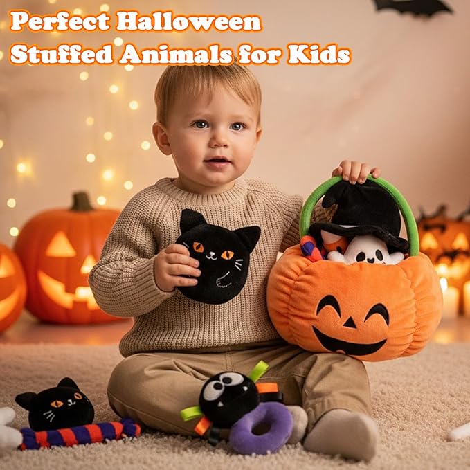 My First Halloween Baby Toys, Cute Pumpkin Stuffed Animal with Ghost Spider Black Cat Candy Corn Plush Toys for Baby Boys Girls, Halloween Plush Gifts Basket Party Favors for Kids Babies Toddlers