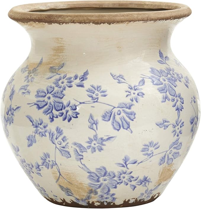 Nearly Natural 7 in Tuscan Ceramic Blue Scroll Urn Vase Floral Room Decor | Vintage Floral Design, Durable Quality Ceramic, Perfect for Faux Bouquets, Indoor Home Styling Corner Accents