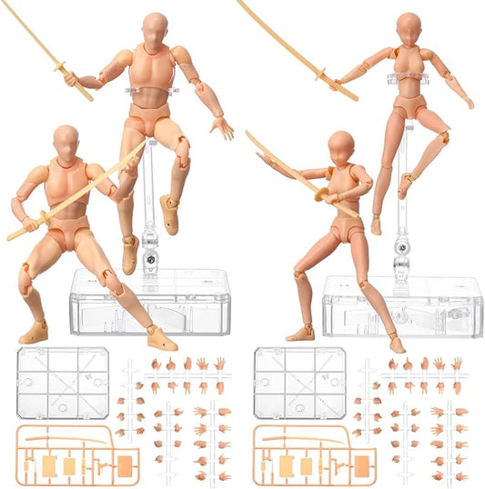 Meooeck 4 Sets Action Figures PVC Body Artists Model posable Drawing Mannequin for Painting, Sketching, Collection Gifts, Home Office Desk Decoration(Beige)