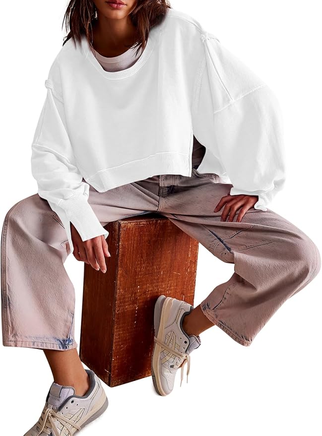 Zwurew Womens Casual Sweatshirt Cropped Shirts | Loose Fit, Tee Top, Pullover, Crop Hem, Design Trim, Daily Tops