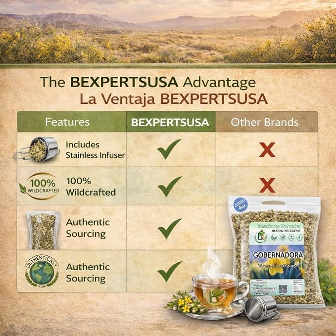 Gobernadora Tea (Chaparral Leaf) 4 oz with Stainless Steel Tea Infuser – 100% Natural Larrea tridentata – Traditional Desert Herb for Wellness – Wildcrafted, Caffeine-Free, Vegan – Authentic by BEXPERTSUSA