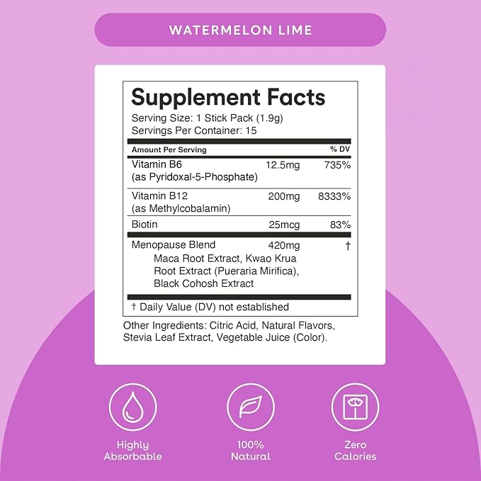 Mixhers Menopause - Menopause Support Drink Mix - Women's Menopause Supplements - Hormone Balance Multivitamin - With Maca Root & Black Cohosh - Sugar Free - Vegan - 15 Drink Packets - Watermelon Lime