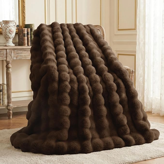 L'AGRATY Faux Rabbit Fur Throw Blanket for Couch, 50'' x 60'', Cocoa Brown | Soft Cozy Bubble Fluffy Blanket for Sofa Bed, Thick Warm Plush Fuzzy Throw for Room Home Decor, Luxury Gift for Women Mom