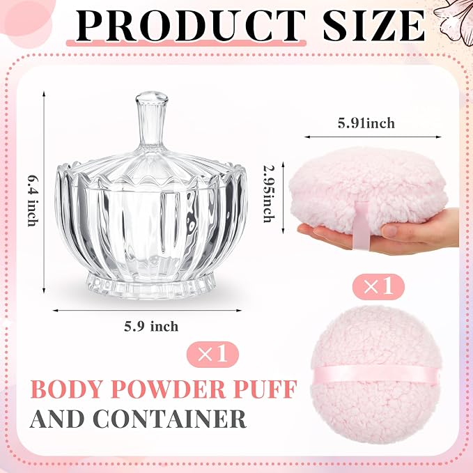 Tioncy 2 Pcs Extra Large Dusting Powder Puff and Container for Women-6'' Glass Crystal Dusting Powder Container with Body Soft Washable Reusable Velour Face(Clear,Scalloped)