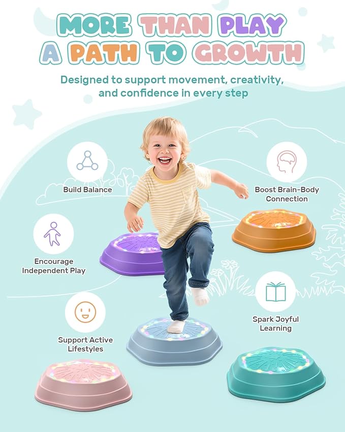 Holyton Upgraded Music Light-Up Stepping Stones for Kids, 5-Pack Sensory Balance Toys with Batteries, Non-Slip Design, for Ages 3–8, Ideal for Sensory Training, Indoor & Outdoor Play, Great Gift Idea