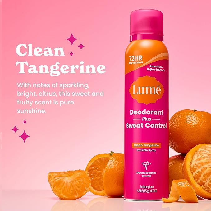 Lume Deodorant Plus Sweat Control - Invisible Spray - Extra Strength Antiperspirant For Underarms - 72 Hour Odor And Sweat Control - Baking Soda Free - 2 Pack (Clean Tangerine)