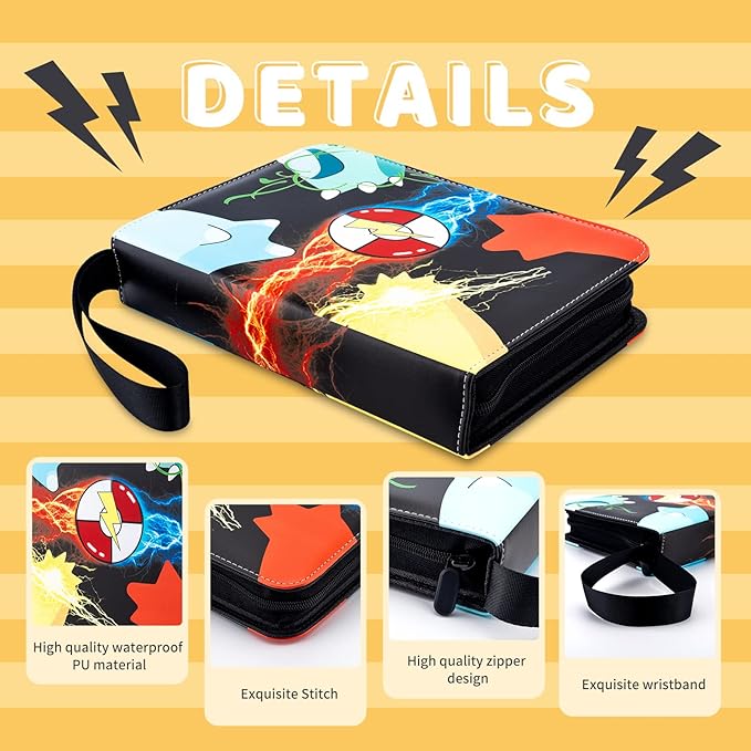 Jravkfi Card Binder 4 Pocket with 50 Removable Sleeves-Can Hold 400 Cards,3-Ring Zipper Sports Book is Gifts for Boys and Girls（Black）