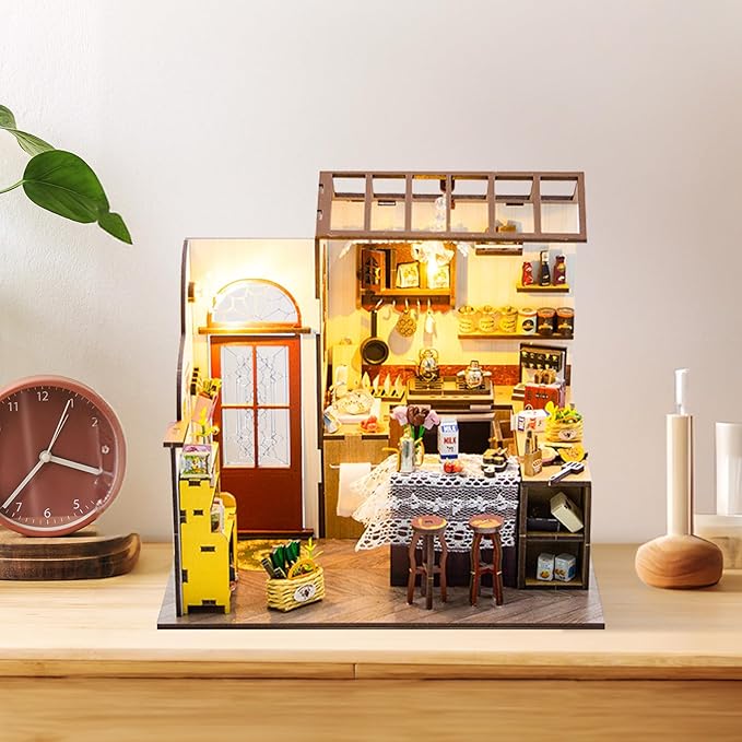 Foyucool DIY Miniature House Kit, Dollhouse Kit with LED Light, Mini House Building Kits for for Adult to Building, Christmas Home Decorations Gifts for Family and Friends, Kitchen