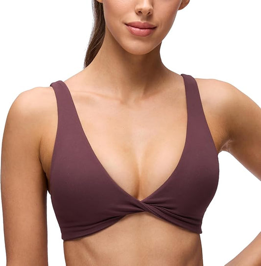 CRZ YOGA Butterluxe Front Twist Deep V Neck Sports Bras for Women - Wide Straps Padded U Back Yoga Crop Top