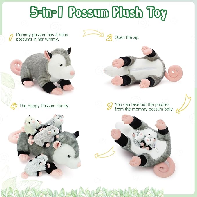Tezituor 5Pcs Opossum Stuffed Animals Set, 24 Inch Large Mommy Stuffed Opossum Plush with 4 Cute Babies Toy, Realistic Possum Plush Pillow for Girls Boys