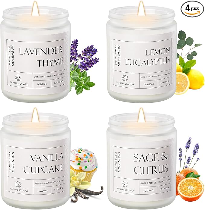 Molensun 4 Pack Candles for Home Scented, 28 oz Long Lasting Candles, Soy Candle Set Gift for Women - Lavender Thyme/Lemon Eucalyptus/Sage &Citrus/Vanilla Cupcake