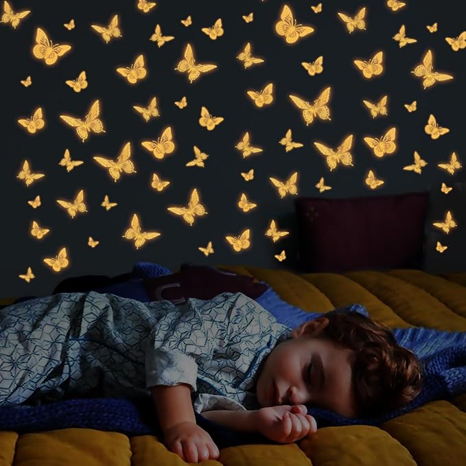 SAOROPEB Glow in The Dark 3D Butterfly 24 Pcs Orange Butterfly Stickers | 3 Sizes, Luminous Butterfly Stickers for Ceiling all, Glow in The Dark Party Supplies, Stickers for Kids Babys Nursery