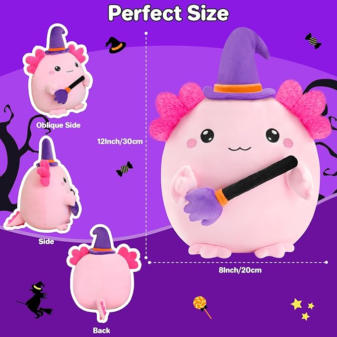 Halloween Axolotl Stuffed Animals, Axolotl Witch with Broom Stuffed Plush Halloween Party Gifts for Kids, Girls and Boys（Pink）